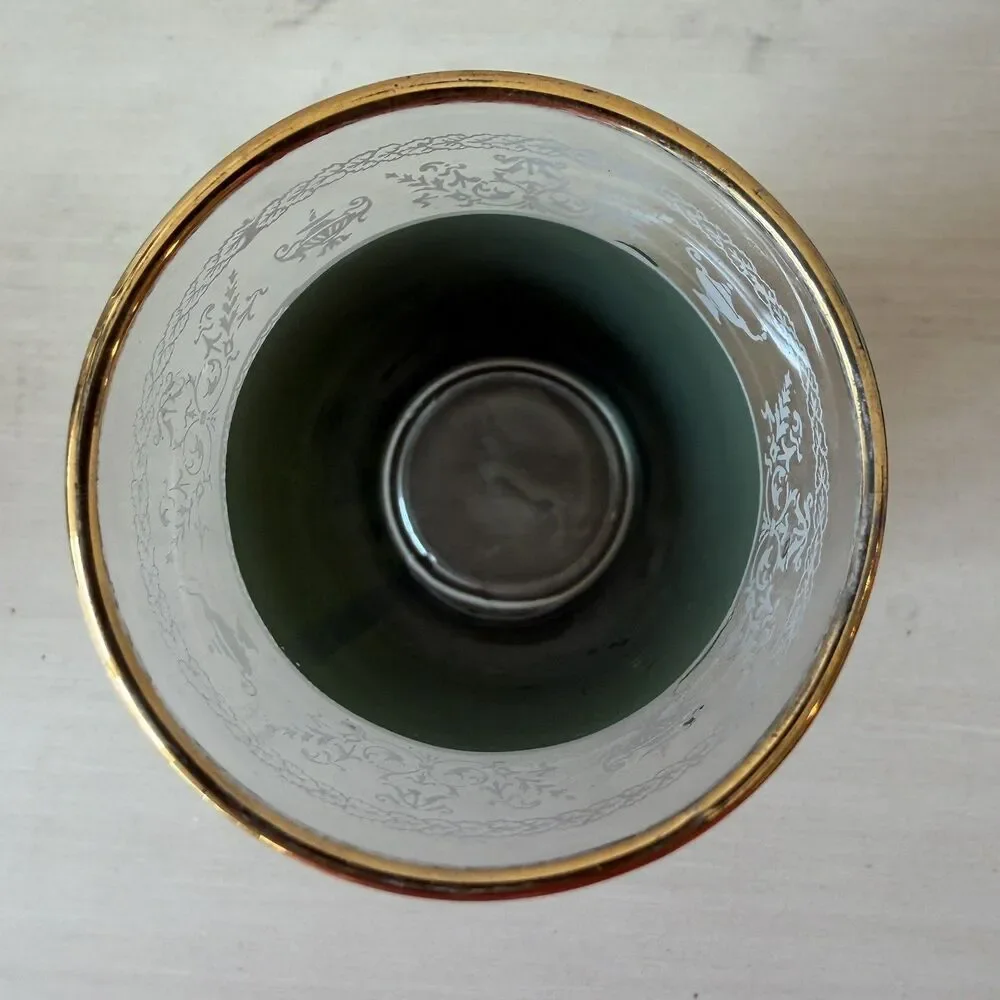 Set of 2 Vintage Jeanette Juice Glass Green Hellenic Jasperware Style Gold Rim